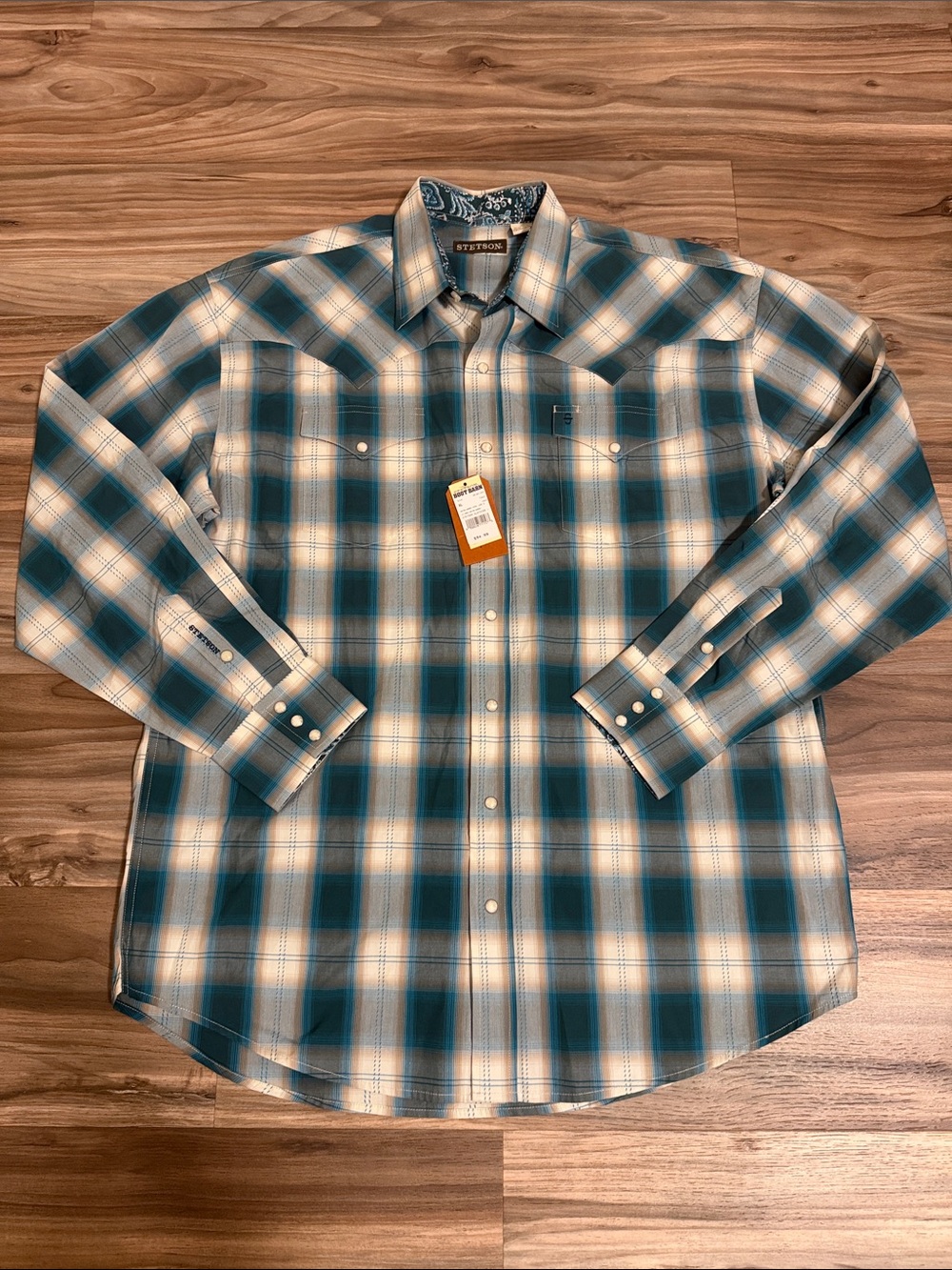 Stetson Shirt Mens XL Teal Beige Plaid Western Pearl Snap L/S Flip Cuff NWT